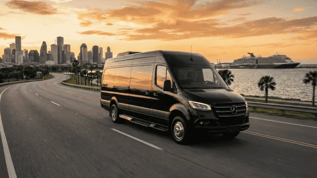Professional Galveston Houston Shuttle service van providing airport and cruise port transfers from Houston.