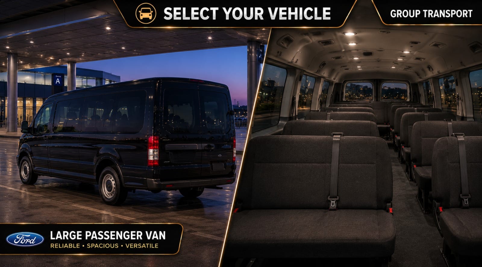 Large passenger van and coach transportation for groups in Houston and Galveston