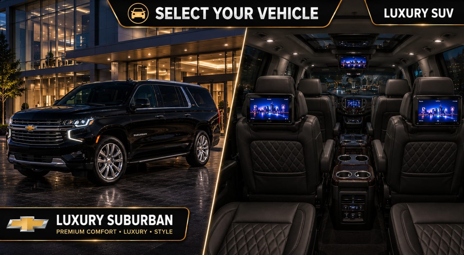 Luxury black SUV Suburban for Houston to Galveston private transportation