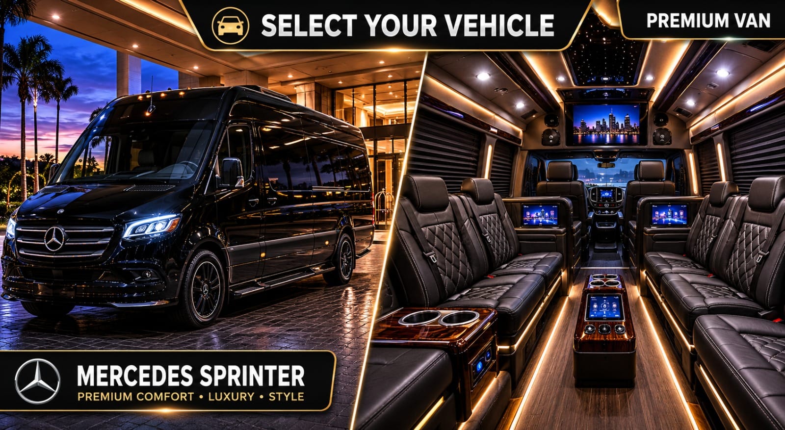 Mercedes Sprinter van for Houston Airport to Galveston Cruise Port transportation