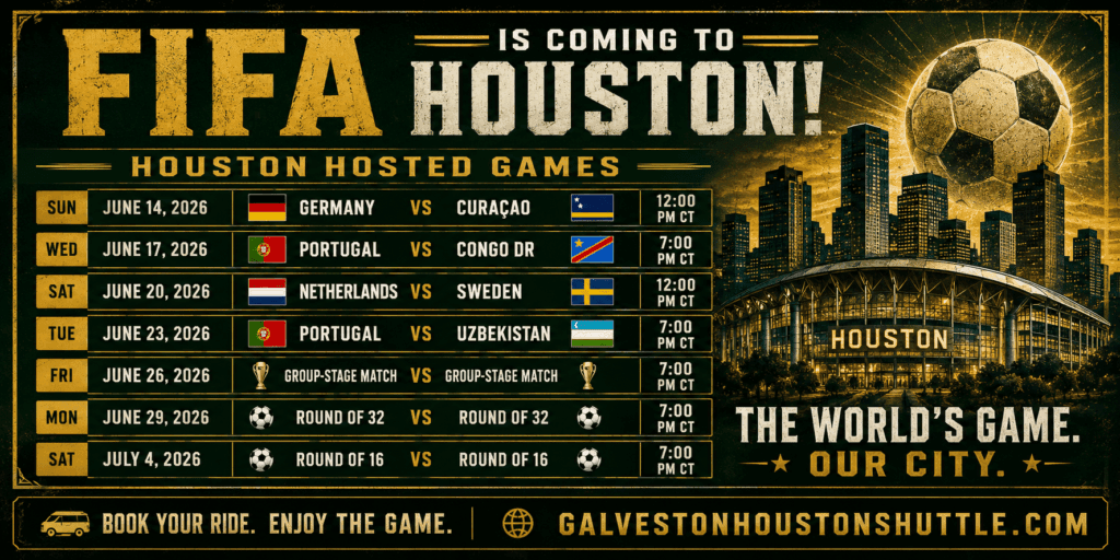 Houston World Cup 2026 match schedule featuring Germany vs Curaçao, Portugal vs Congo DR, Netherlands vs Sweden, and other tournament matches with Houston stadium skyline and Galveston Houston Shuttle transportation information.