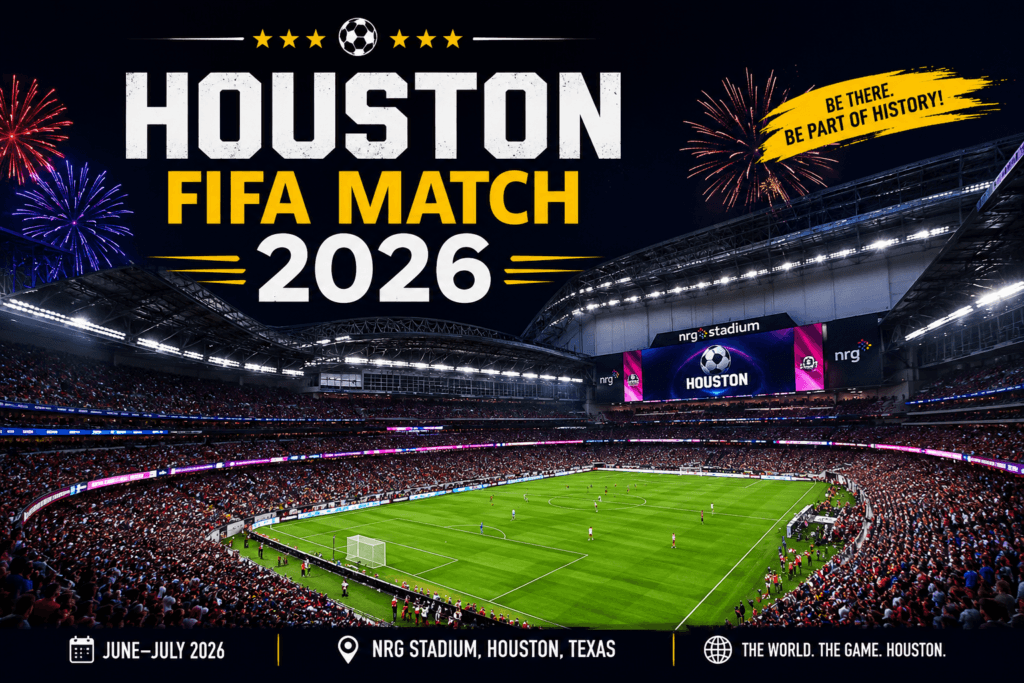 NRG Stadium Houston hosting a 2026 international football match with thousands of fans, bright stadium lights, and a championship atmosphere.