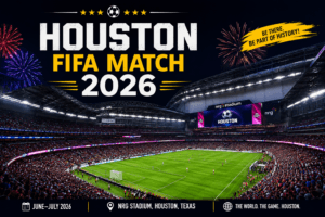 NRG Stadium Houston hosting a 2026 international football match with thousands of fans, bright stadium lights, and a championship atmosphere.