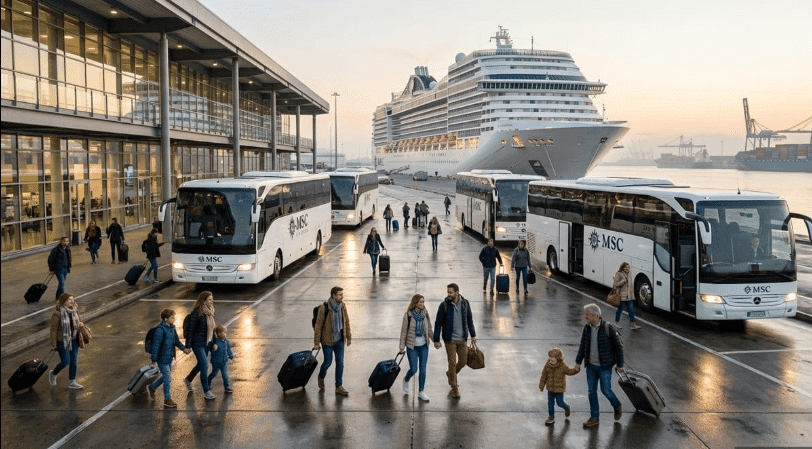 Family boarding MSC cruise shuttle Galveston