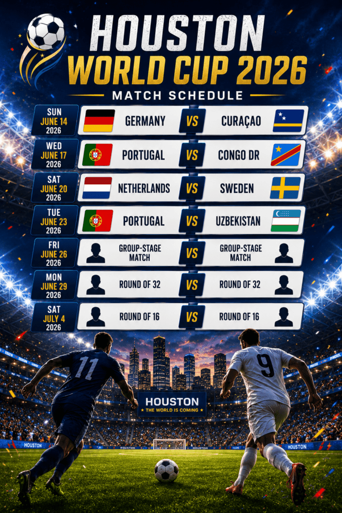FIFA World Cup 2026 Houston match schedule with Germany, Portugal and Netherlands group stage games displayed over a football stadium background with two anonymous soccer players in action.